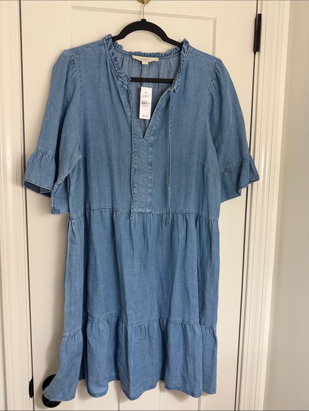 LOFT Chambray Tiered V-Neck Midi Dress in Light Blue